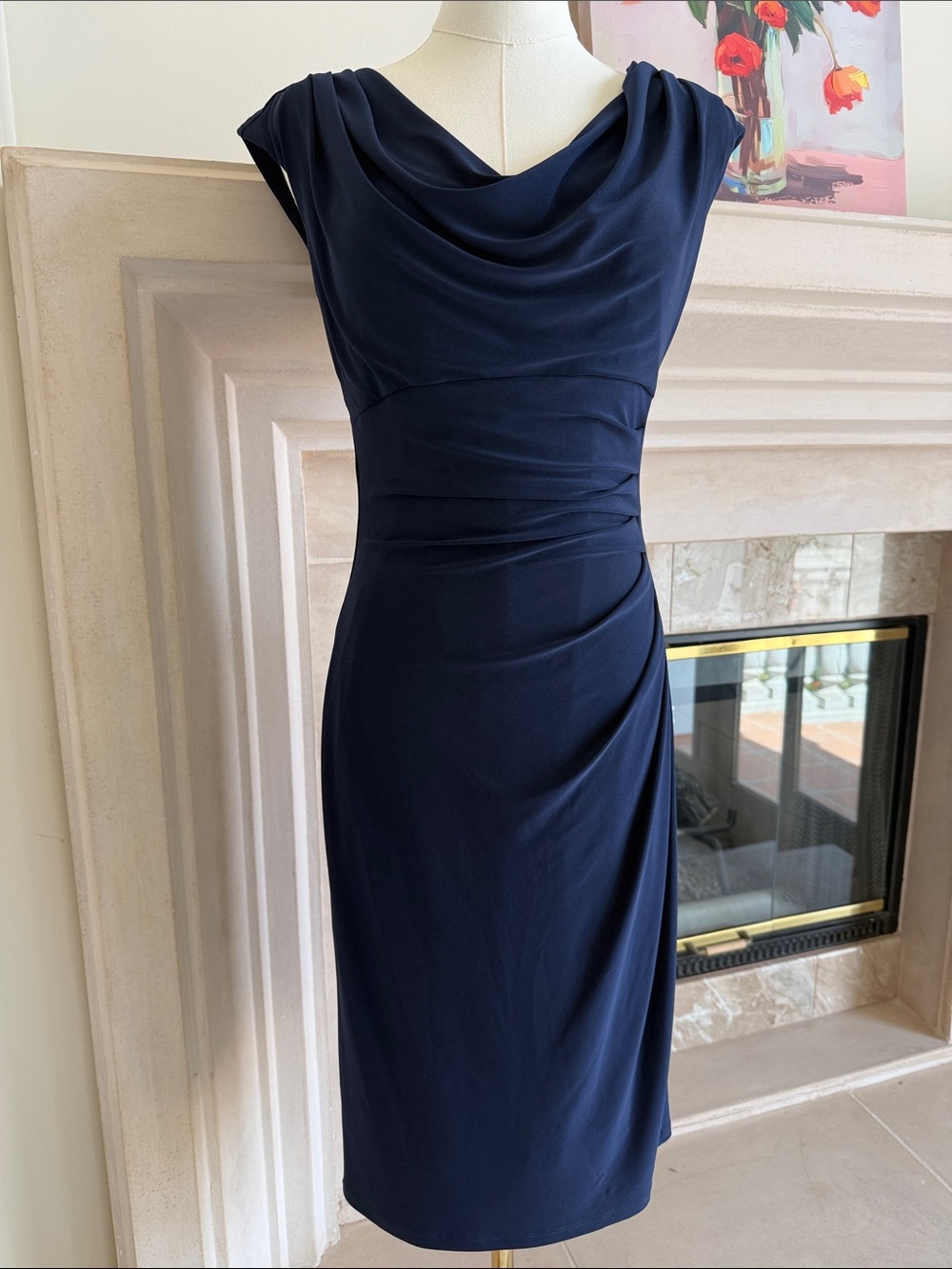 Lauren Ralph Lauren Navy Blue Satin Ruched Cowl Neck Sheath Cocktail Dress 2